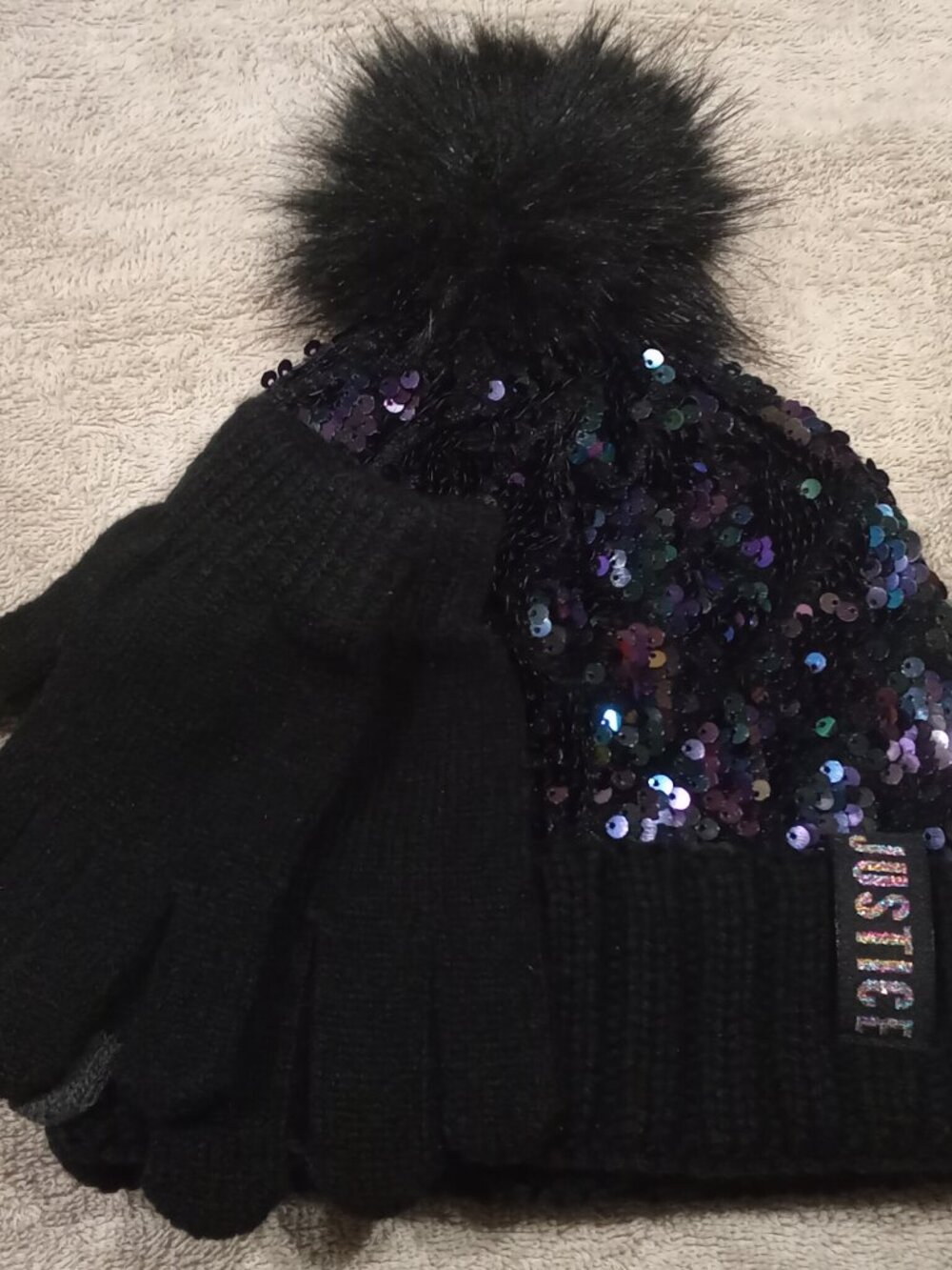 Black sequin JUSTICE hat and gloves